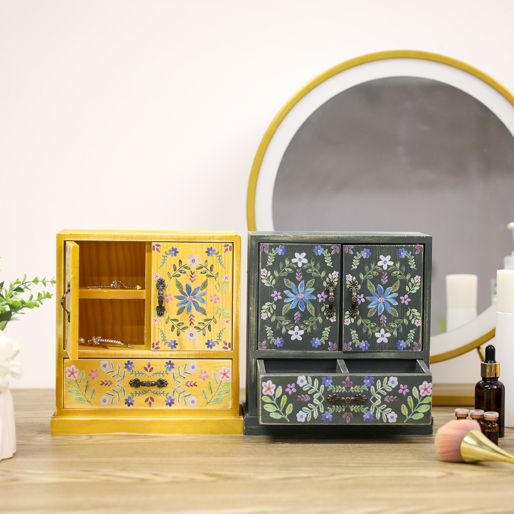 rustic printing pattern color wooden drawer jewelry box  small desktop jewelry storage Cabinet box
