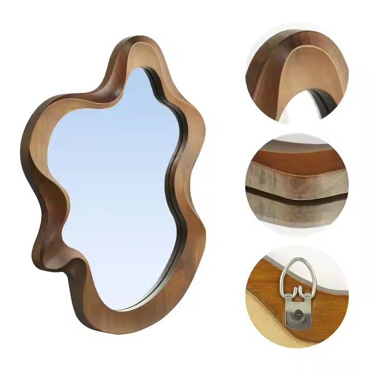 Customized Room Irregular Mirror Decorative Wooden Frame Mirror for Livingroom Decor Wall Wavy Decor Mirror