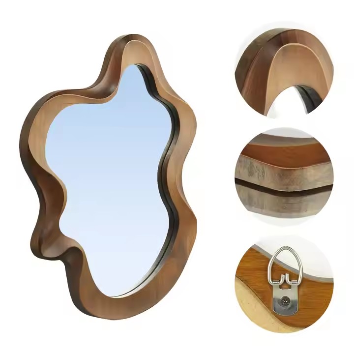 Dark Brown Bathroom Mirror Custom Wood Wall-Mounted Wooden Mirror Hanging Mirror