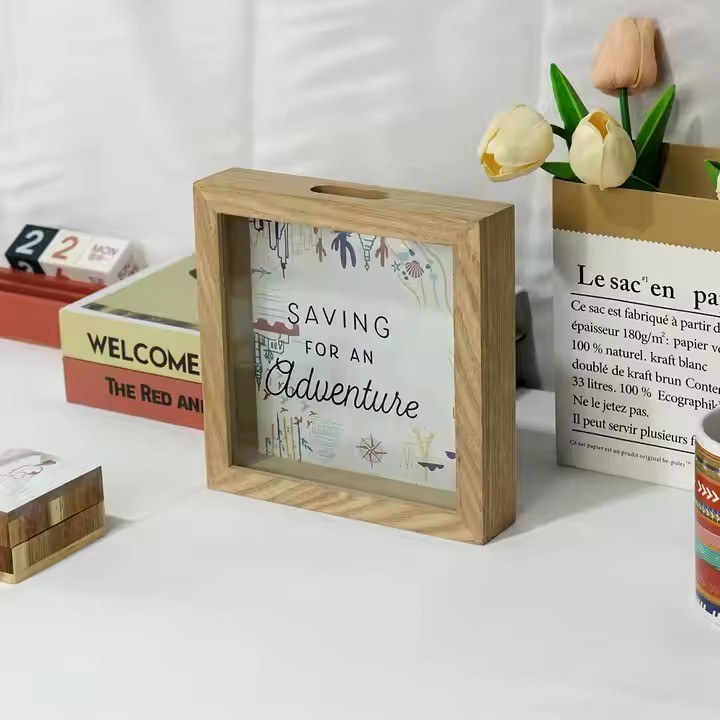 Wooden Decor Picture Frames Money Saving Box Adults Money Bank Natural Wood Money Box