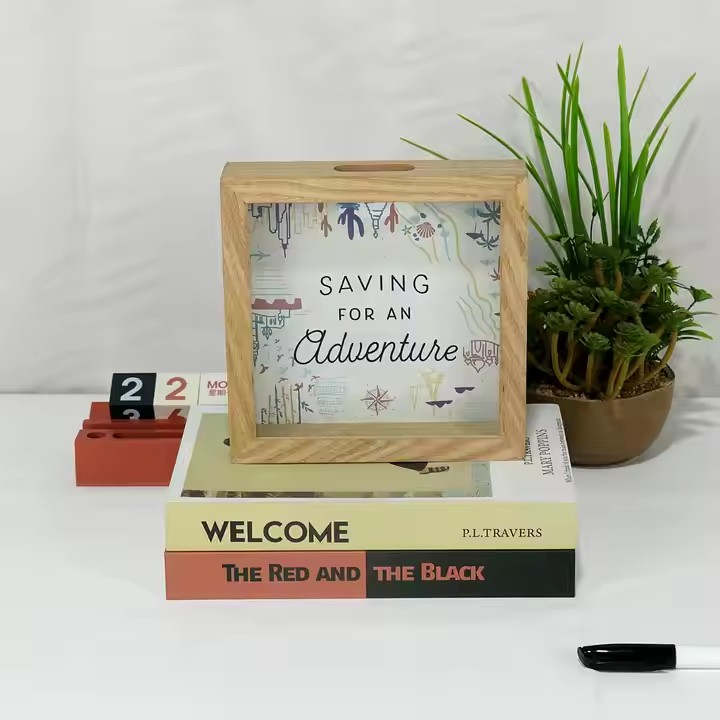Wooden Decor Picture Frames Money Saving Box Adults Money Bank Natural Wood Money Box