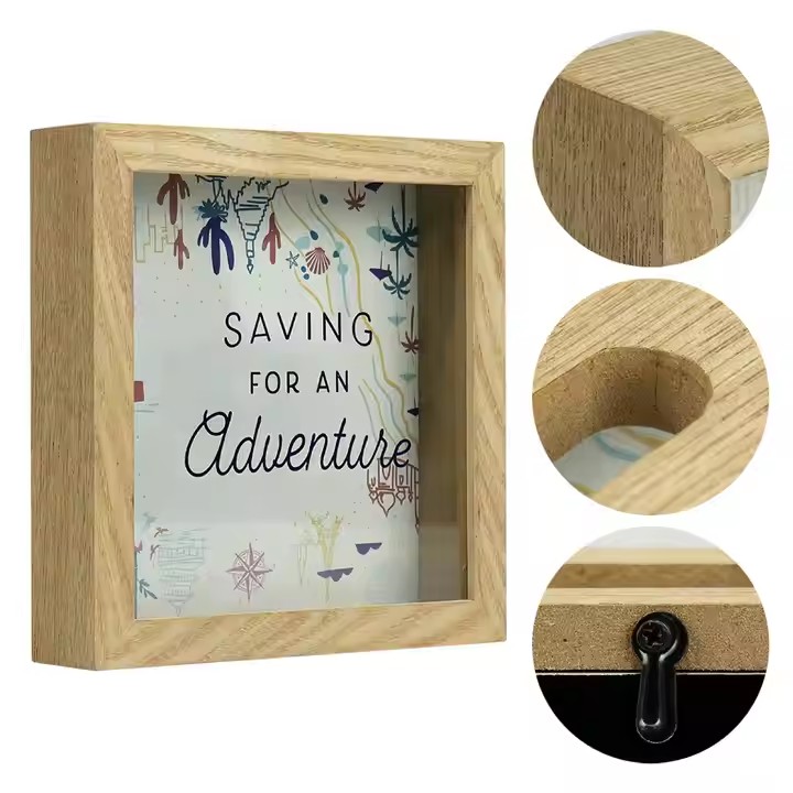 Wooden Decor Picture Frames Money Saving Box Adults Money Bank Natural Wood Money Box