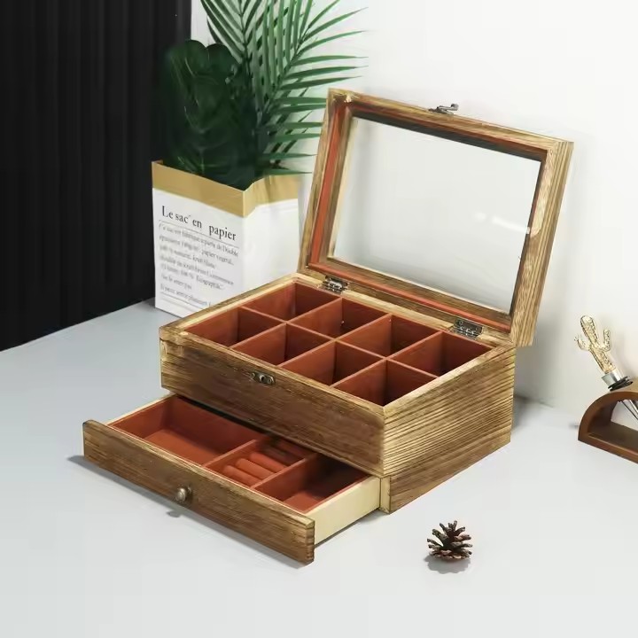 Watch Box Case for Men Women with Large Glass Lid, Wooden Watch Display Storage Box Retro Burlywood Mens Watch Box Organizer