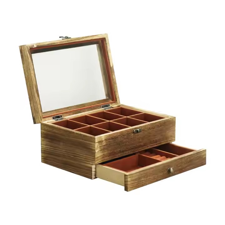 Watch Box Case for Men Women with Large Glass Lid, Wooden Watch Display Storage Box Retro Burlywood Mens Watch Box Organizer