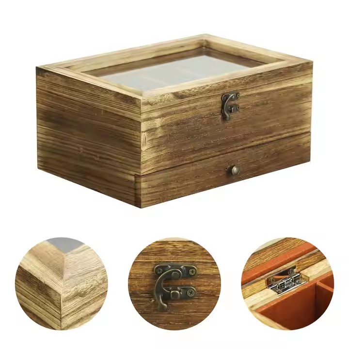 Watch Box Case for Men Women with Large Glass Lid, Wooden Watch Display Storage Box Retro Burlywood Mens Watch Box Organizer