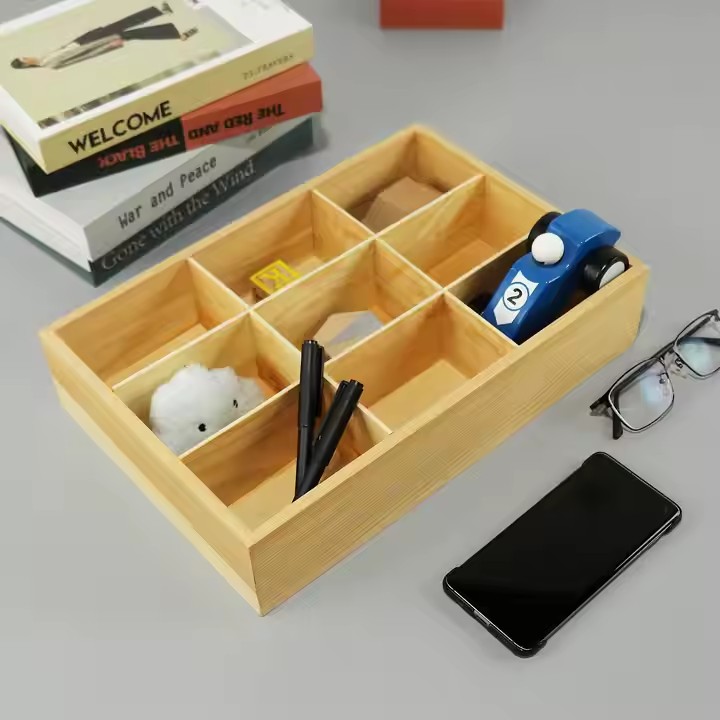 Eco-friendly Creative Pine Wood Boxes Compartment Wood Rectangle Box Without Lids