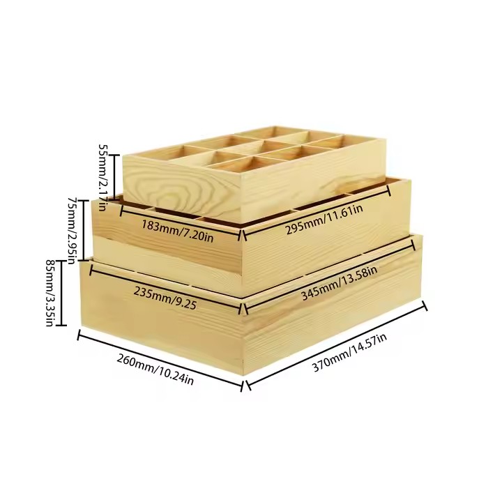 Eco-friendly Creative Pine Wood Boxes Compartment Wood Rectangle Box Without Lids