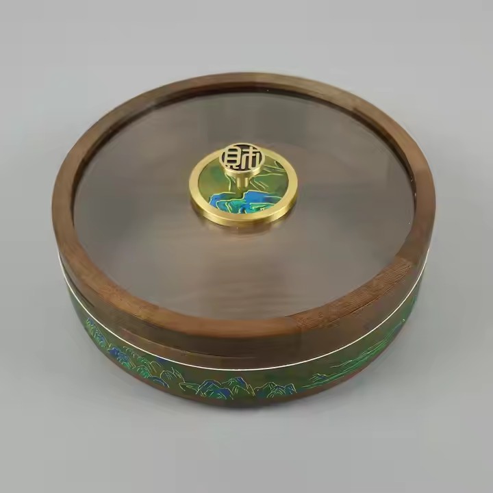 Chinese Culture Luxury Wooden Round Food Box Rotating Acacia Wooden Dry Food Round Box with 4 Separations