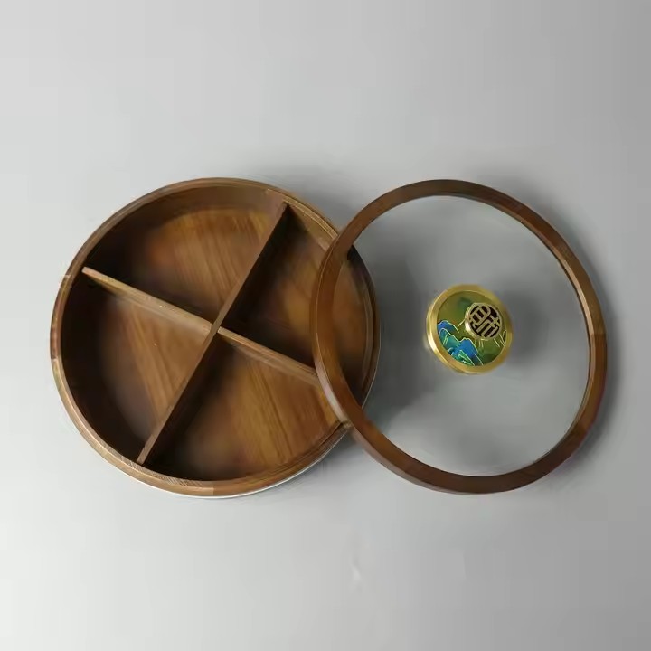 Chinese Culture Luxury Wooden Round Food Box Rotating Acacia Wooden Dry Food Round Box with 4 Separations