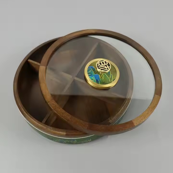 Chinese Culture Luxury Wooden Round Food Box Rotating Acacia Wooden Dry Food Round Box with 4 Separations