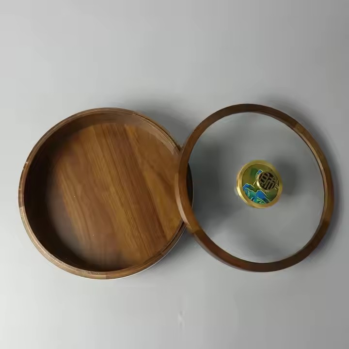 Chinese Culture Luxury Wooden Round Food Box Rotating Acacia Wooden Dry Food Round Box with 4 Separations