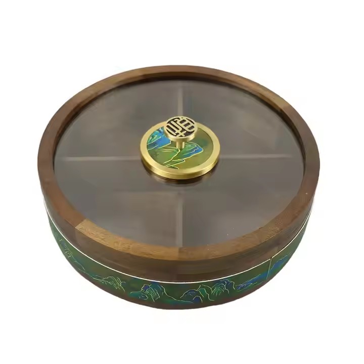 Chinese Culture Luxury Wooden Round Food Box Rotating Acacia Wooden Dry Food Round Box with 4 Separations