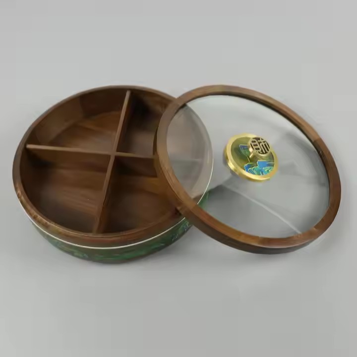 Chinese Culture Luxury Wooden Round Food Box Rotating Acacia Wooden Dry Food Round Box with 4 Separations