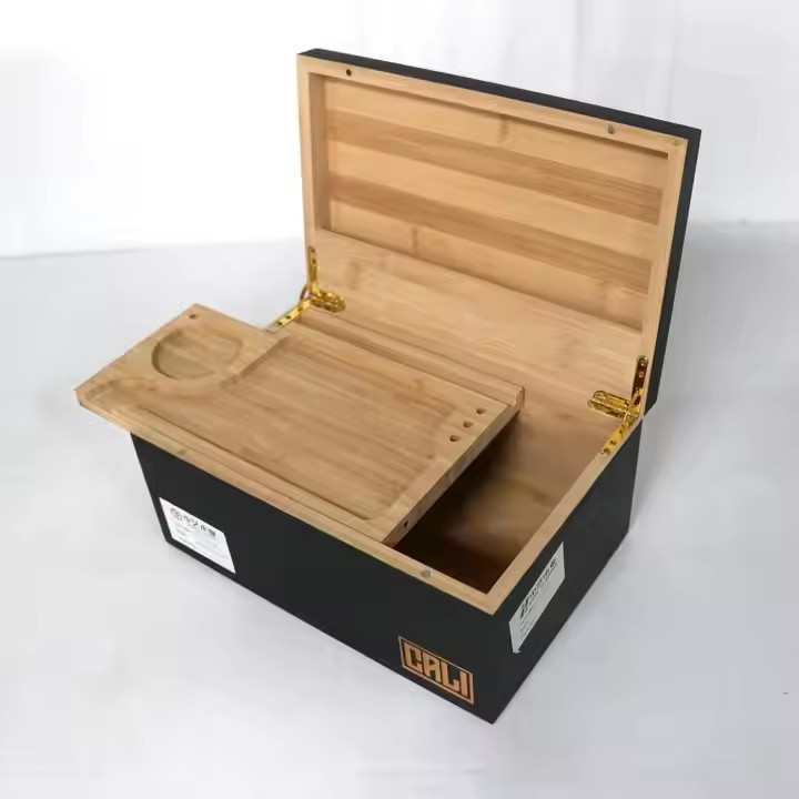 FSC&BSCI Bamboo Wooden Smoking Boxes Magnetic Stash Box With Rolling Tray Grinder Smell Proof Jars Wood Cigar Box