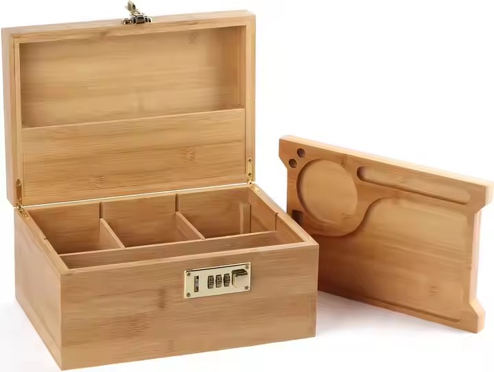 Wooden Stash Box Bamboo Smoke Box Rolling Tray Stash Box with Lock