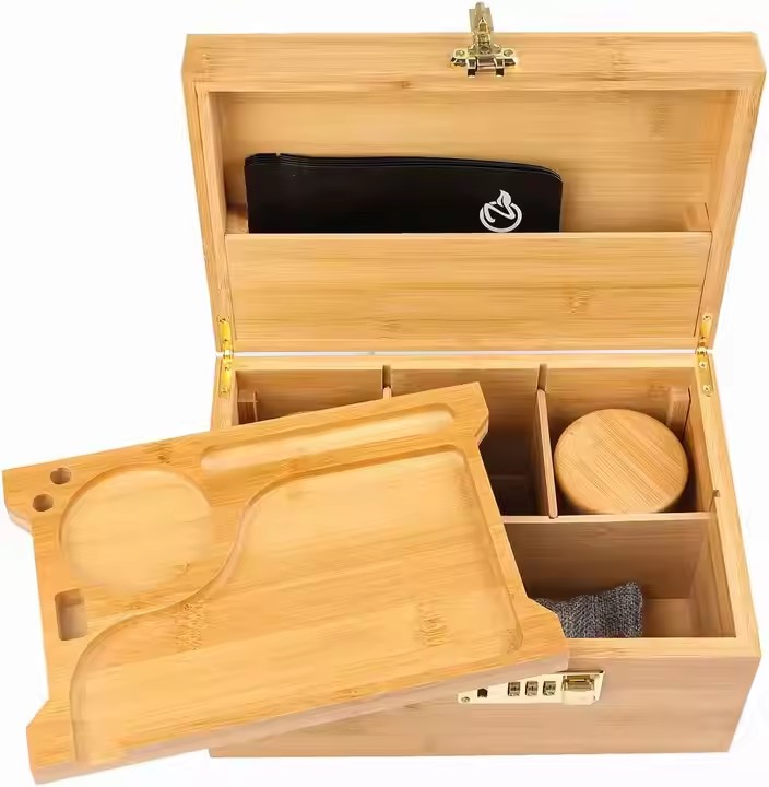 Wooden Stash Box Bamboo Smoke Box Rolling Tray Stash Box with Lock