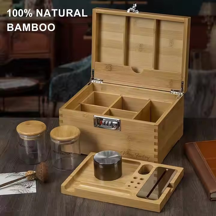 Wooden Stash Box Bamboo Smoke Box Rolling Tray Stash Box with Lock