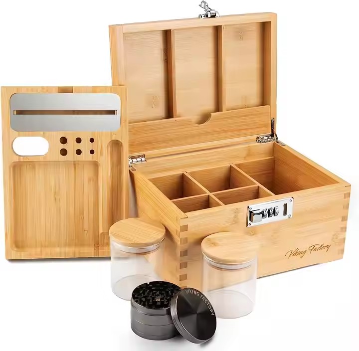 Wooden Stash Box Bamboo Smoke Box Rolling Tray Stash Box with Lock