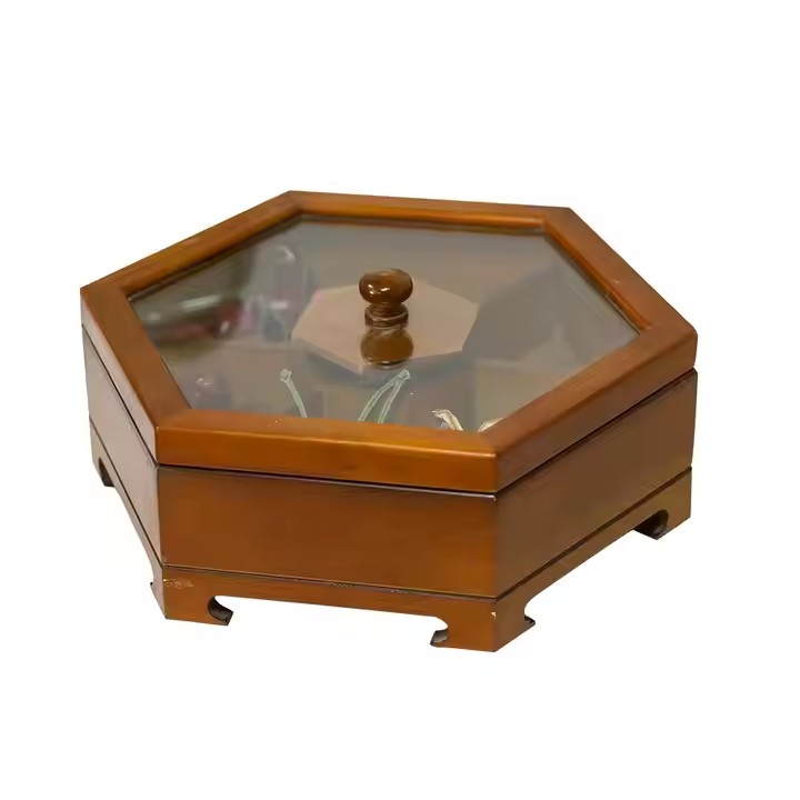 FSC&BSCI Wooden Dried Fruit Box, Multifunction Snack Storage Container Sectional Tray with Clear Window on the Lid