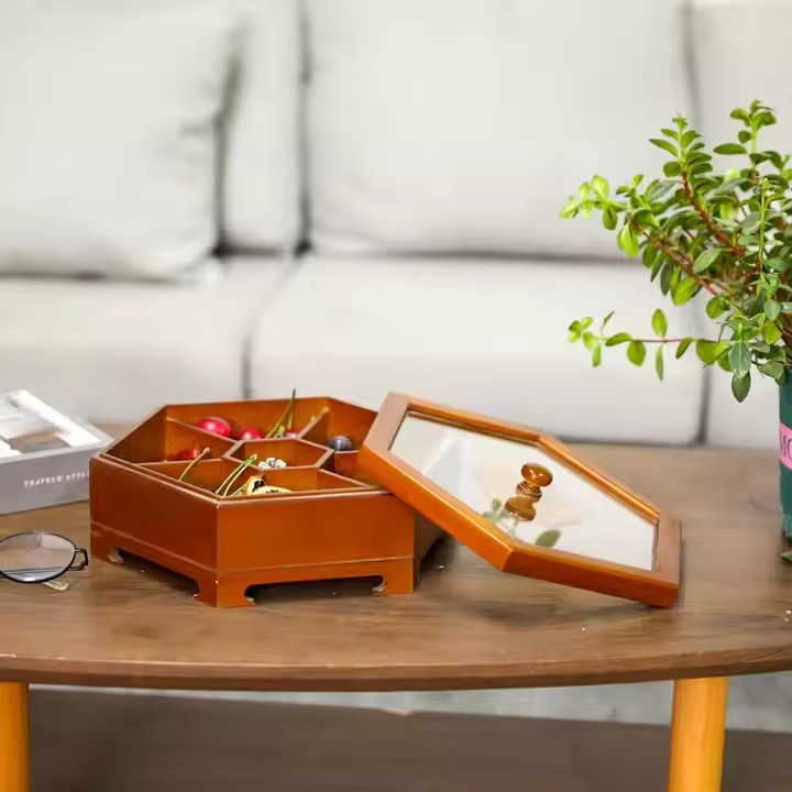 FSC&BSCI Wooden Dried Fruit Box, Multifunction Snack Storage Container Sectional Tray with Clear Window on the Lid