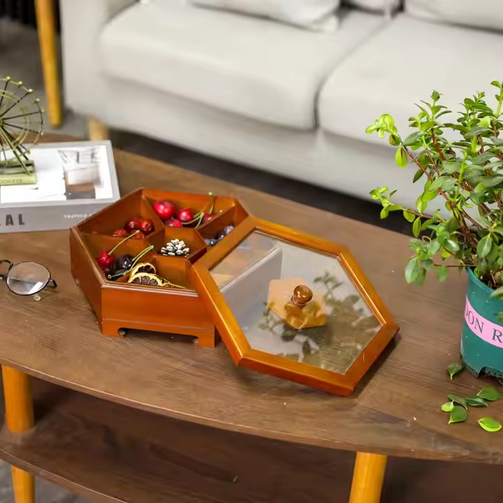 FSC&BSCI Wooden Dried Fruit Box, Multifunction Snack Storage Container Sectional Tray with Clear Window on the Lid
