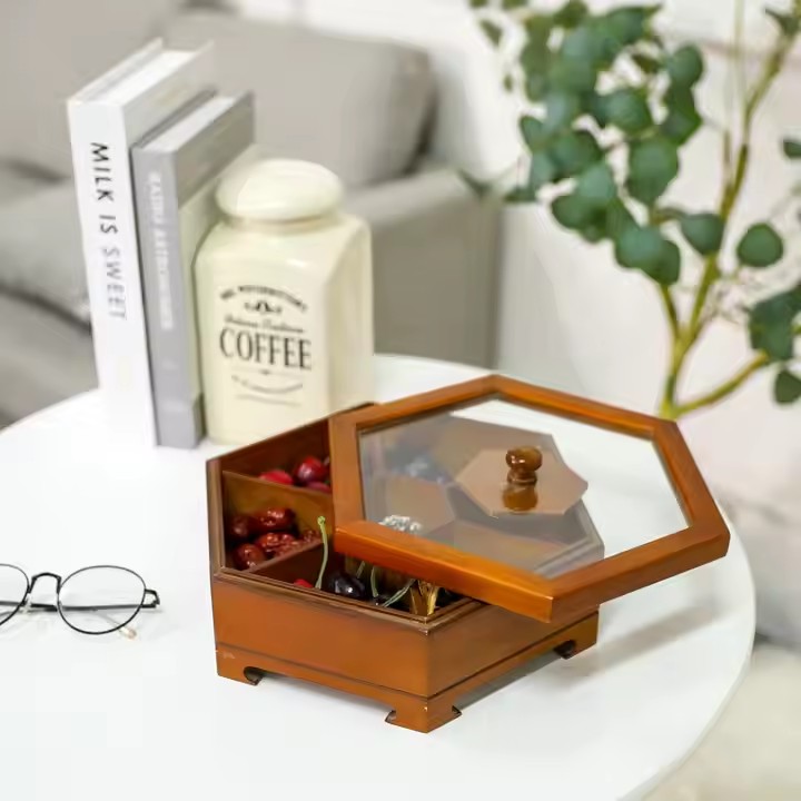 FSC&BSCI Wooden Dried Fruit Box, Multifunction Snack Storage Container Sectional Tray with Clear Window on the Lid