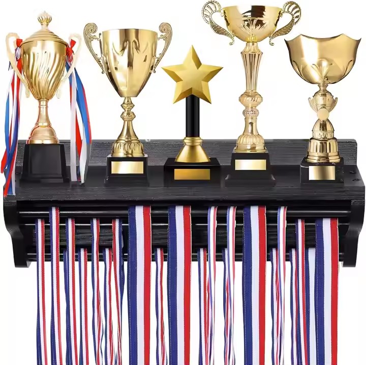 FSC BSCI Customized White Wooden Medal Trophy Holder Hanger Display Shelf Rack
