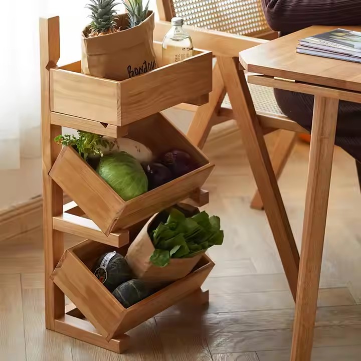 Customized 2-layer 3-tier Wooden Kitchen Fruit Vegetable Storage Basket