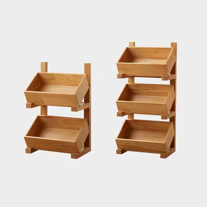 Customized 2-layer 3-tier Wooden Kitchen Fruit Vegetable Storage Basket