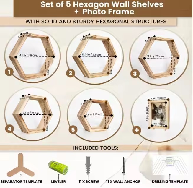 Hexagon Floating Shelves With Photo Frame Natural Premium Wood Set of 5 Hexagon Shelves for Wall, Farmhouse Honeycomb Shelves