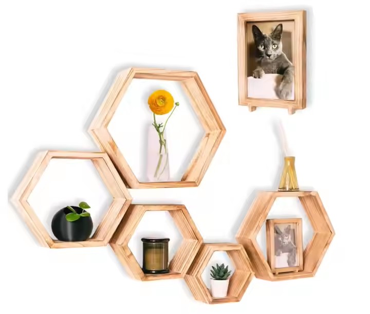 Hexagon Floating Shelves With Photo Frame Natural Premium Wood Set of 5 Hexagon Shelves for Wall, Farmhouse Honeycomb Shelves