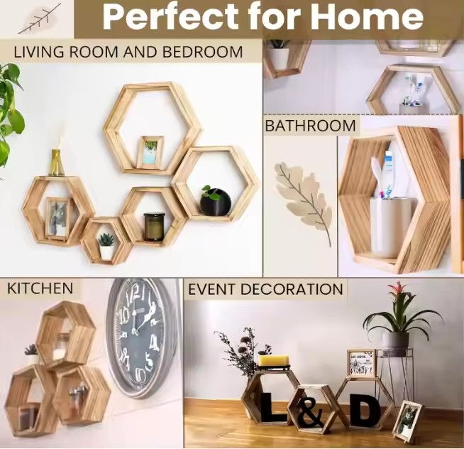 Hexagon Floating Shelves With Photo Frame Natural Premium Wood Set of 5 Hexagon Shelves for Wall, Farmhouse Honeycomb Shelves