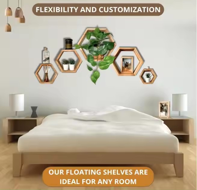 Hexagon Floating Shelves With Photo Frame Natural Premium Wood Set of 5 Hexagon Shelves for Wall, Farmhouse Honeycomb Shelves