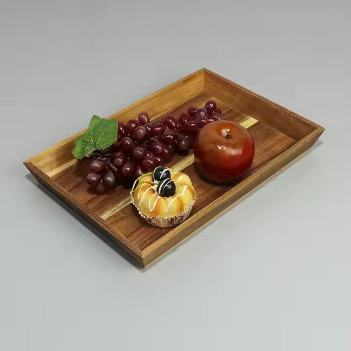 Custom Vintage Brown Acacia One Big Two for One Set Drinks Fruit Wooden Serving Tray