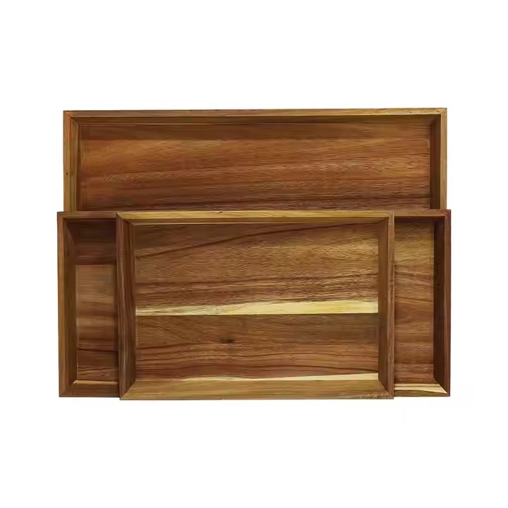 Custom Vintage Brown Acacia One Big Two for One Set Drinks Fruit Wooden Serving Tray