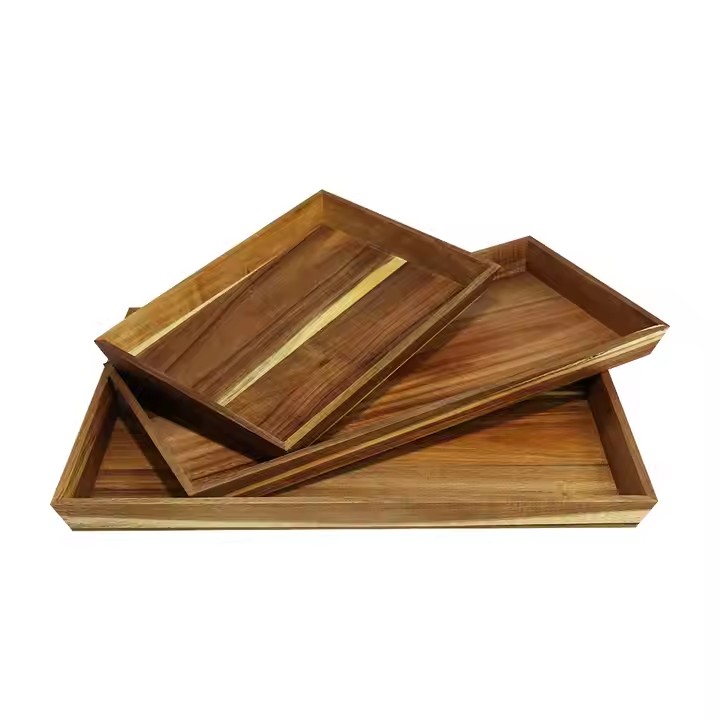 Custom Vintage Brown Acacia One Big Two for One Set Drinks Fruit Wooden Serving Tray