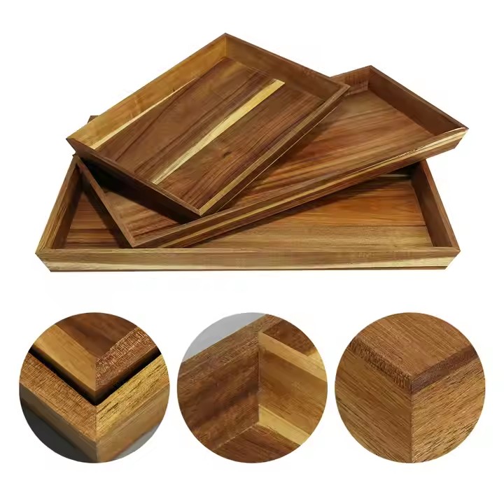 Custom Vintage Brown Acacia One Big Two for One Set Drinks Fruit Wooden Serving Tray
