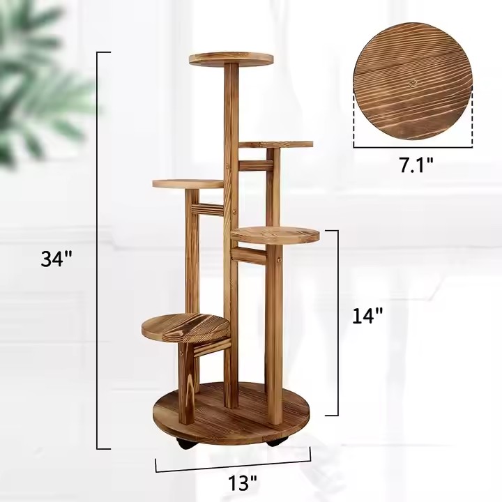 FSC BSCI Customized 5 Tiered Tall Plant Stand Solid Pine Wood Plant Flower Shelf Corner Display Rack