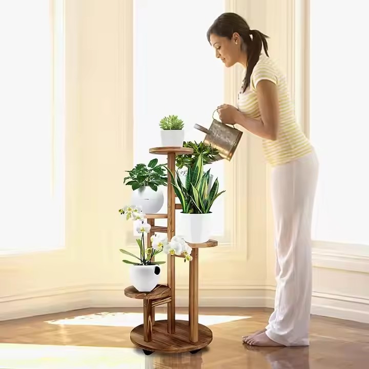 FSC BSCI Customized 5 Tiered Tall Plant Stand Solid Pine Wood Plant Flower Shelf Corner Display Rack