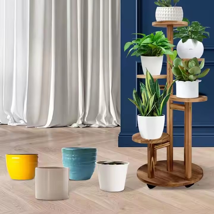 FSC BSCI Customized 5 Tiered Tall Plant Stand Solid Pine Wood Plant Flower Shelf Corner Display Rack