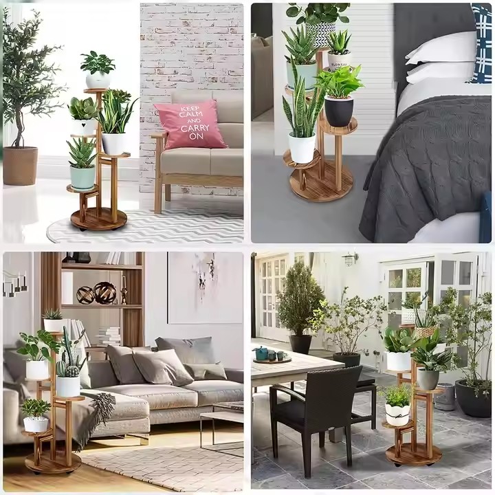 FSC BSCI Customized 5 Tiered Tall Plant Stand Solid Pine Wood Plant Flower Shelf Corner Display Rack