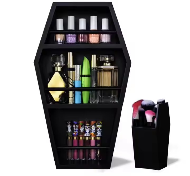FSC&BSCI Wooden Makeup Coffin Shelf and Coffin Brush Holder for Gothic Decor Free Standing or Wall Hanging Makeup Organizer