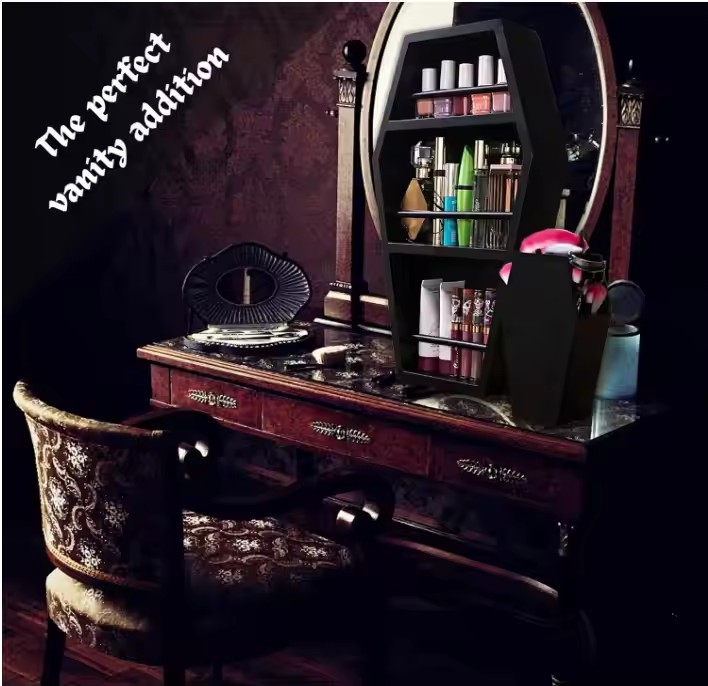 FSC&BSCI Wooden Makeup Coffin Shelf and Coffin Brush Holder for Gothic Decor Free Standing or Wall Hanging Makeup Organizer