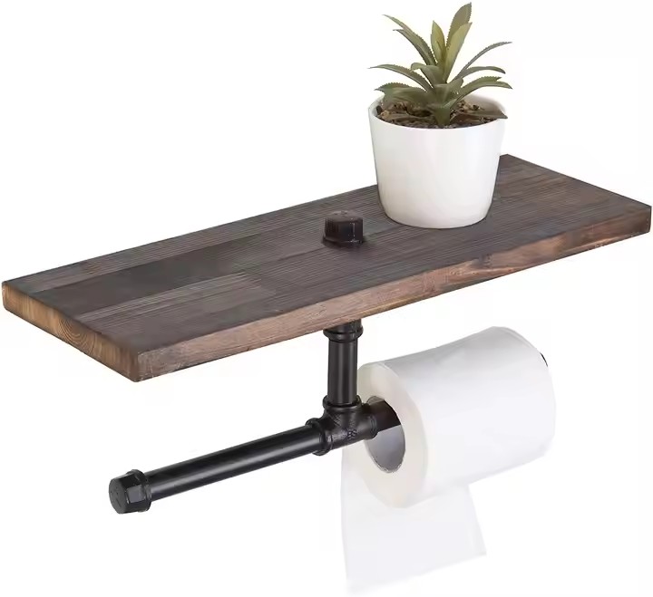 FSC BSCI Customized Wall-Mounted Industrial Toilet Paper Holder Wooden Frame Wall Paper Towel Holder Bathroom Shelf