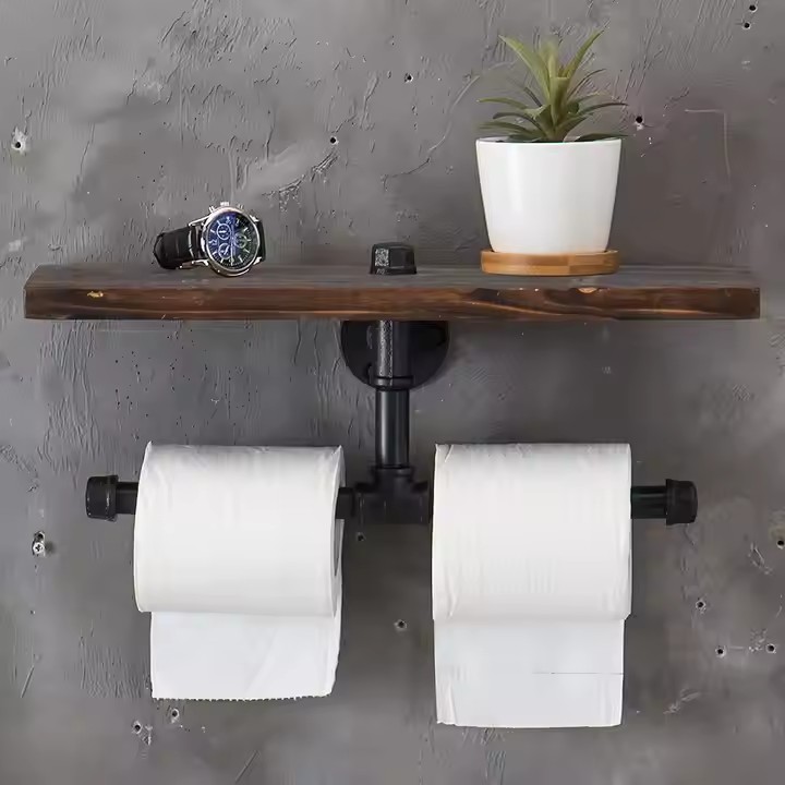 FSC BSCI Customized Wall-Mounted Industrial Toilet Paper Holder Wooden Frame Wall Paper Towel Holder Bathroom Shelf