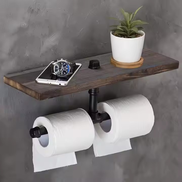 FSC BSCI Customized Wall-Mounted Industrial Toilet Paper Holder Wooden Frame Wall Paper Towel Holder Bathroom Shelf
