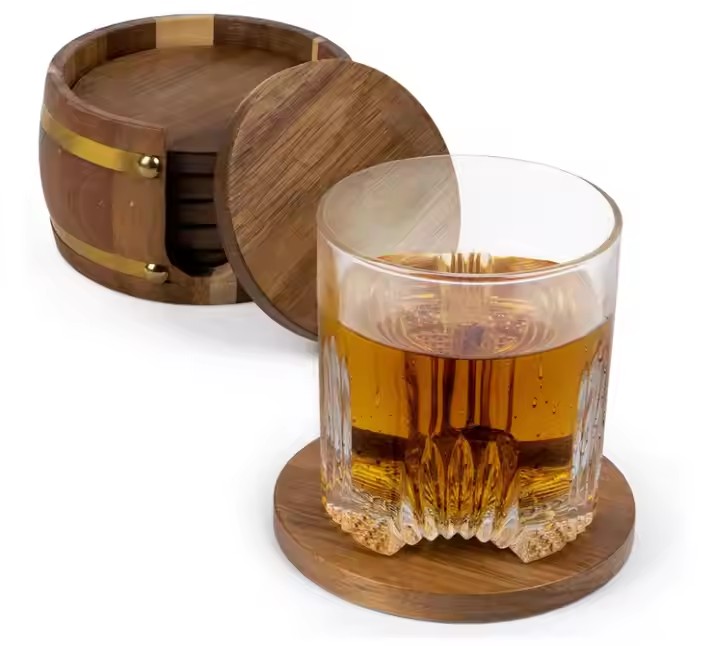 FSC&BSCI Acacia Wooden Coasters for Drinks with Varnish Finish - Handcrafted Drink Coasters Holder