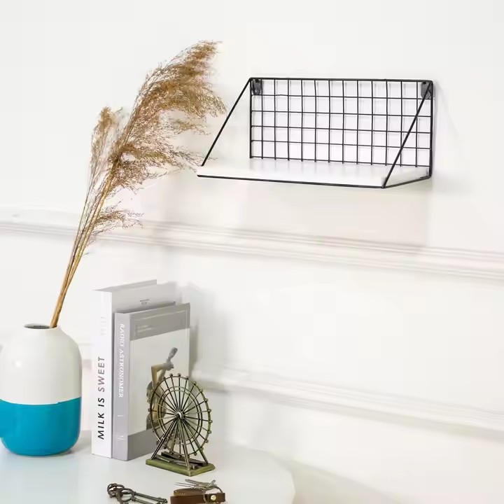 Wooden Wall Shelf With Metal Decoration Factory Personalised Creative Styling White