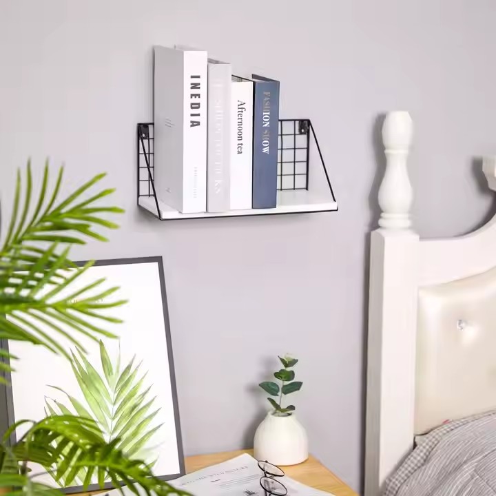 Wooden Wall Shelf With Metal Decoration Factory Personalised Creative Styling White