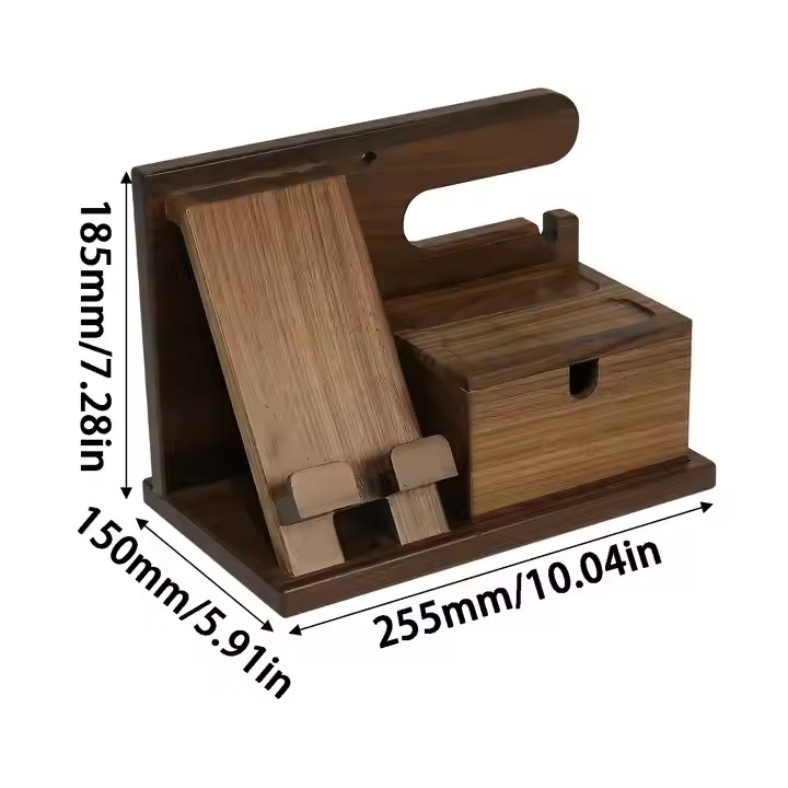 Walnut Wood Phone Stand, Desktop Wooden Phone Holder for Office Mobile Phone Stand with Storage Compartment